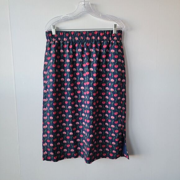 J. Crew  BA844 Womens size M Navy Blue Plink Flower Print Midi Skirt Pull-On - Picture 1 of 10